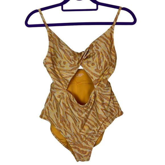 aerie Sz M Twist Front Cut Out One Piece Full Coverage Swimsuit Orange Yellow - Picture 3 of 16